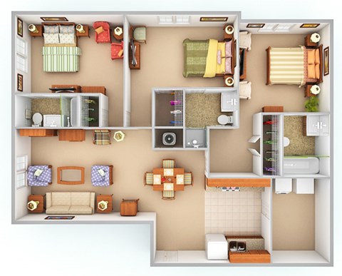 Floor plan for 3 beds, 3 baths, 433 sqft