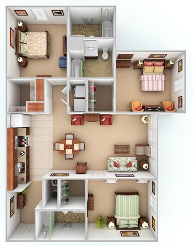 Floor plan for 3 beds, 3 baths, 413 sqft