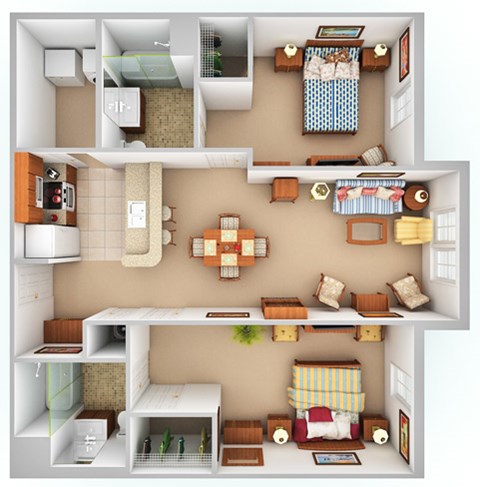 Floor plan for 2 beds, 2 baths, 532 sqft