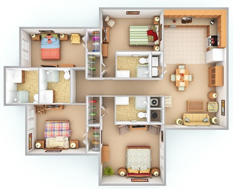 Floor plan for 4 beds, 4 baths, 343 sqft