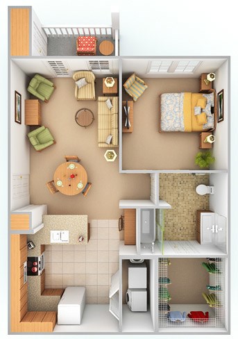 Floor plan for 1 bed, 1 bath, 720 sqft