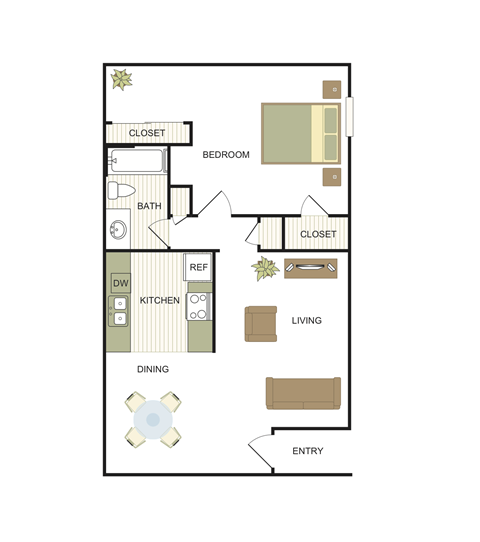 Floor plan for 1 bed, 1 bath, 768 sqft