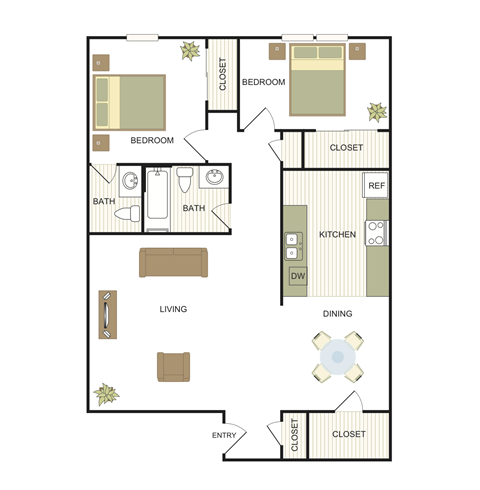 Floor plan for 2 beds, 1.5 baths, 1047 sqft