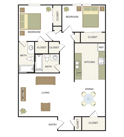 Floor plan for 2 beds, 2 baths, 1068 sqft