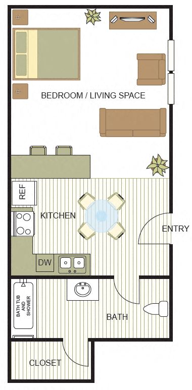 Floor plan for studio, 1 bath, 600 sqft