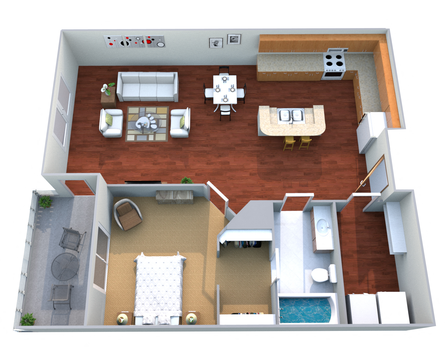 Floor plan for 1 bed, 1 bath, 805 sqft