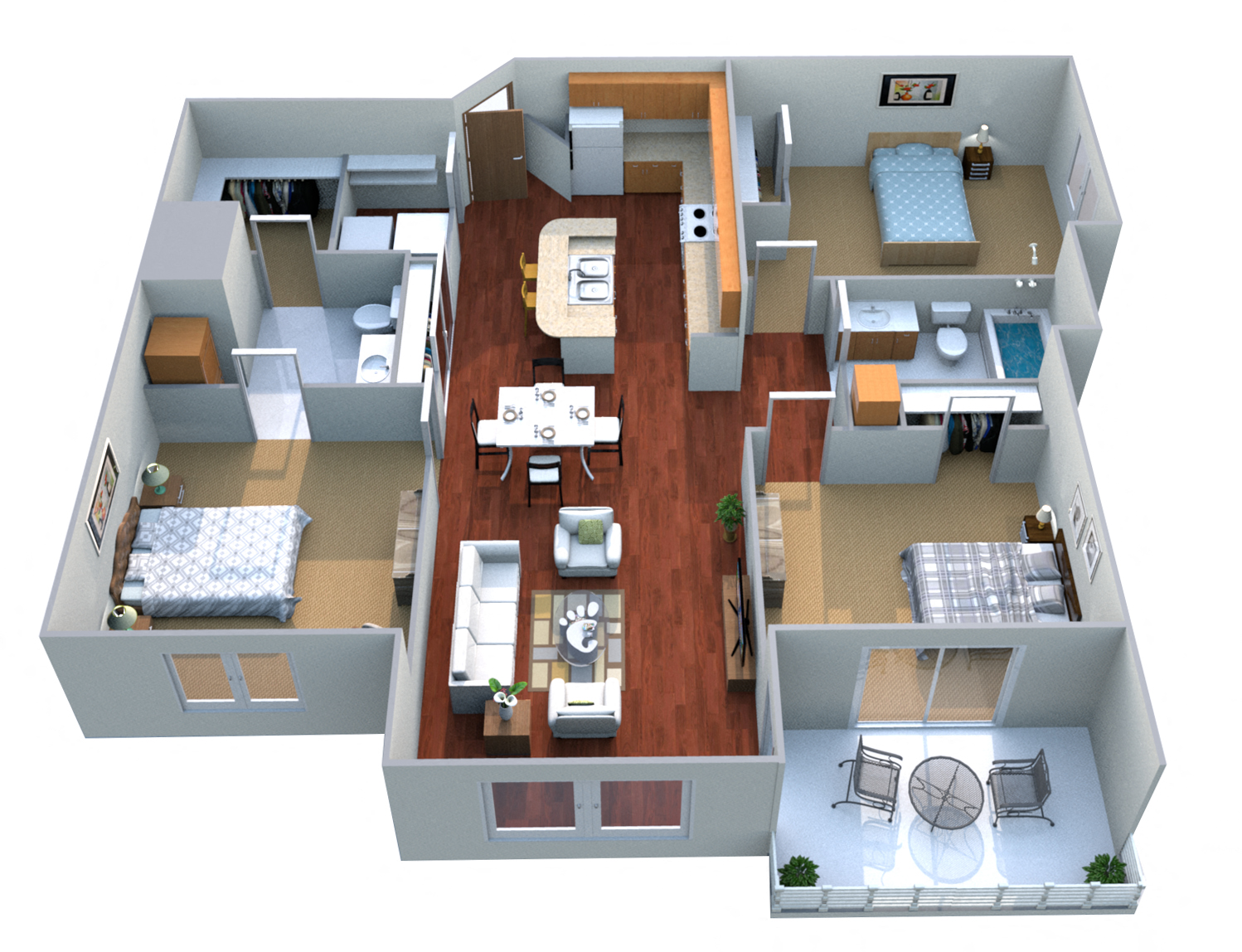 Floor plan for 3 beds, 2 baths, 1300 sqft