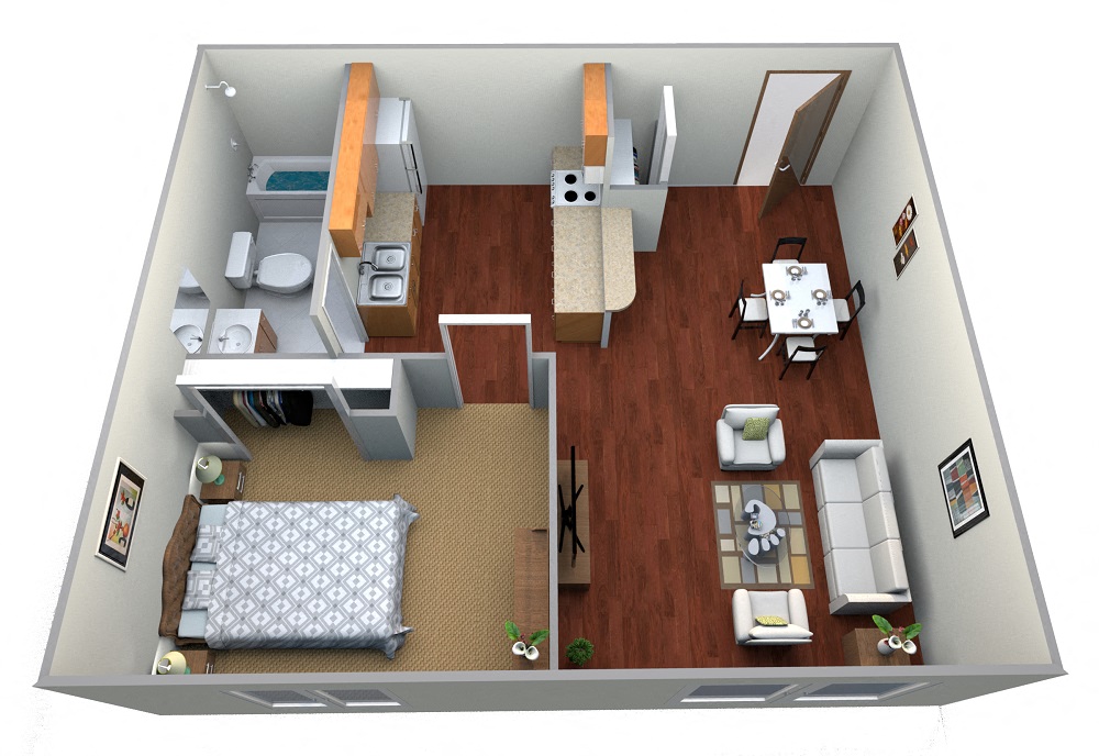 Floor plan for 1 bed, 1 bath, 760 sqft