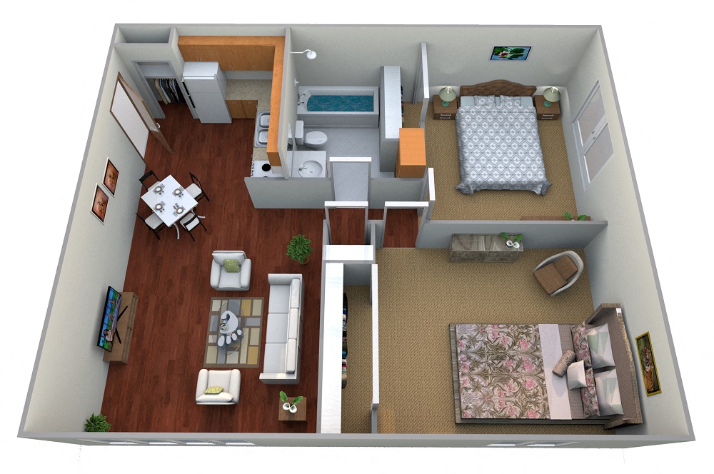 Floor plan for 2 beds, 1 bath, 1000 sqft