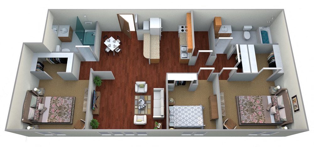 Floor plan for 3 beds, 2 baths, 1350 sqft