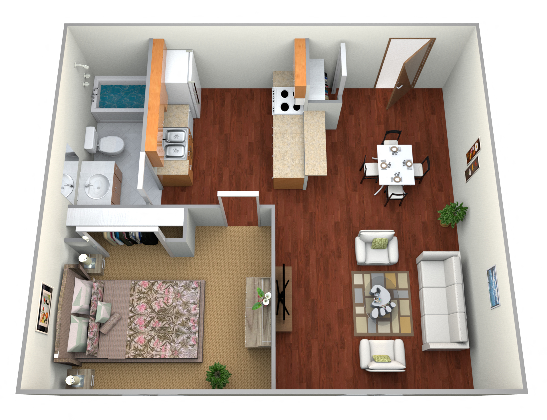 Floor plan for 1 bed, 1 bath, 700 sqft