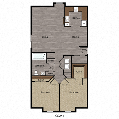 Floor plan for 2 beds, 1 bath, 1032 sqft