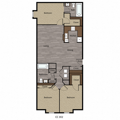 Floor plan for 3 beds, 2 baths, 1272 sqft