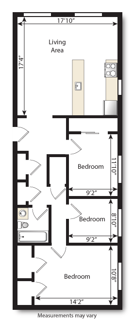 Floor plan for 3 beds, 1 bath, 860 sqft