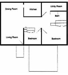 Floor plan for 2 beds, 1 bath, 870 sqft