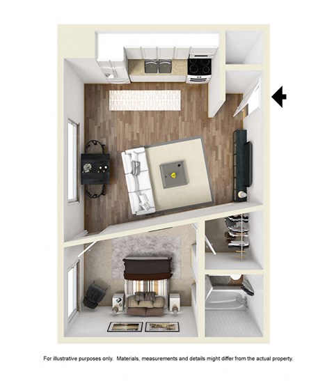 Floor plan for 1 bed, 1 bath, 460 sqft