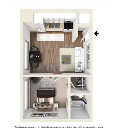 Floor plan for 1 bed, 1 bath, 480 sqft