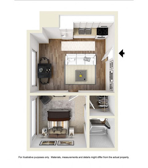 Floor plan for 1 bed, 1 bath, 466 sqft