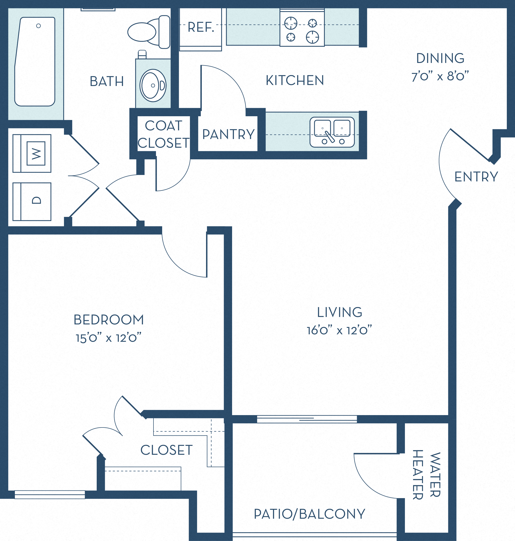 Floor plan for 1 bed, 1 bath, 664 sqft