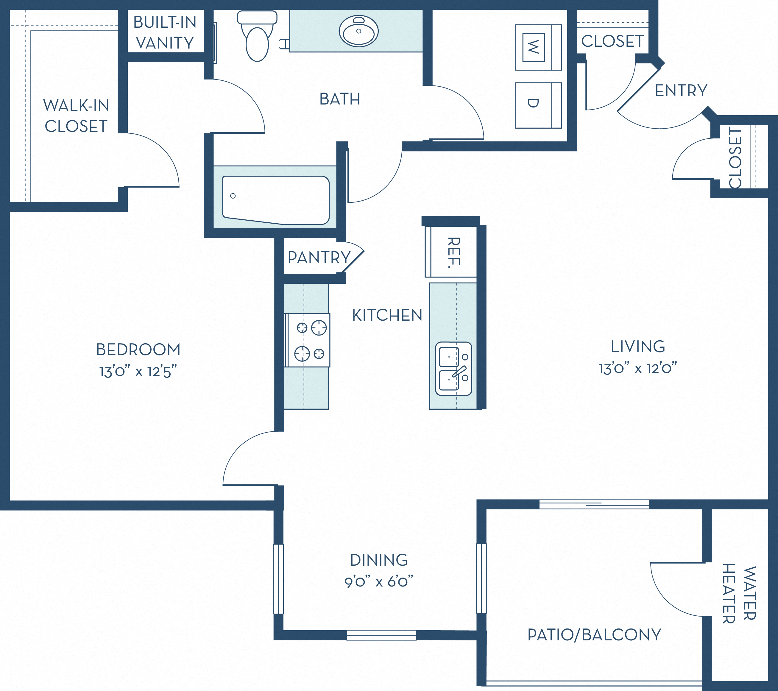 Floor plan for 1 bed, 1 bath, 761 sqft