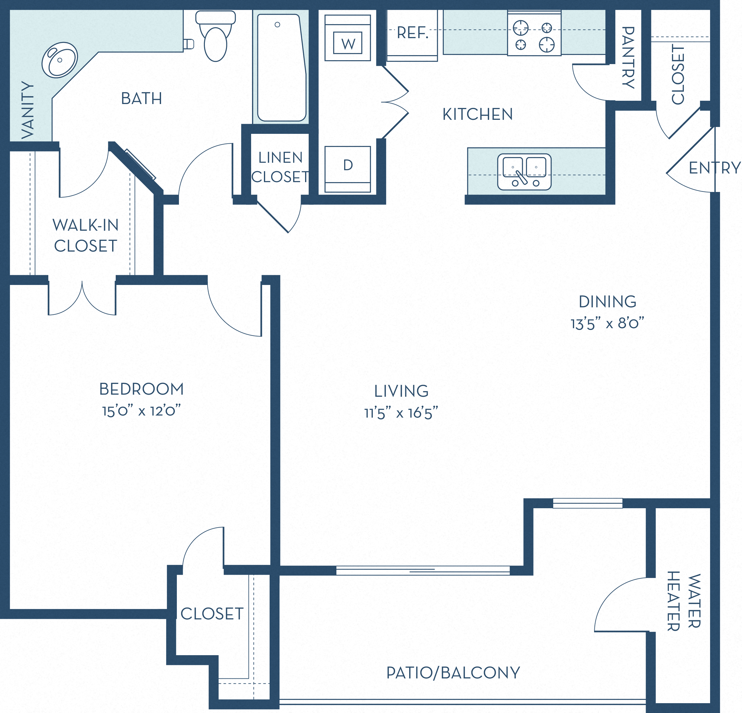 Floor plan for 1 bed, 1 bath, 836 sqft