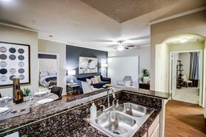 Plano apartment for rent - Kitchen are and living room with cozy dining nook, double sink and hardwood style flooring