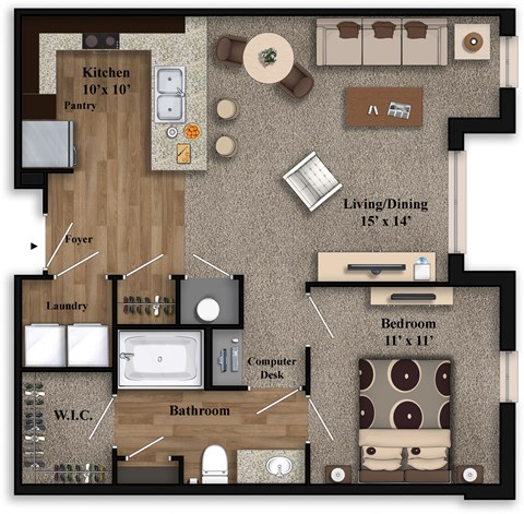 Floor plan for 1 bed, 1 bath, 775 sqft