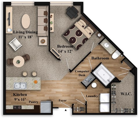 Floor plan for 1 bed, 1 bath, 910 sqft