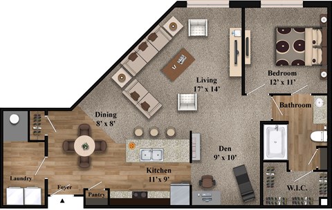Floor plan for 1 bed, 1 bath, 1080 sqft