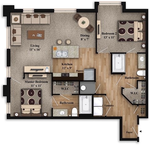Floor plan for 2 beds, 2 baths, 1278 sqft