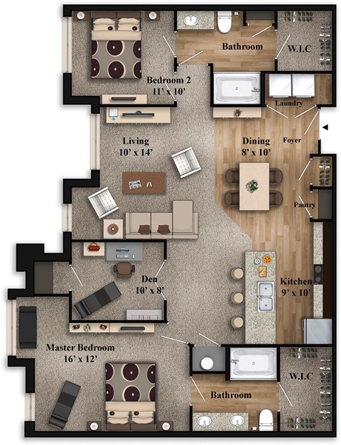 Floor plan for 2 beds, 2 baths, 1400 sqft