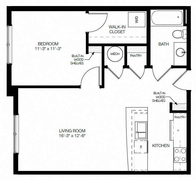 Floor plan for 1 bed, 1 bath, 756 sqft