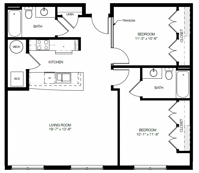 Floor plan for 2 beds, 2 baths, 965 sqft