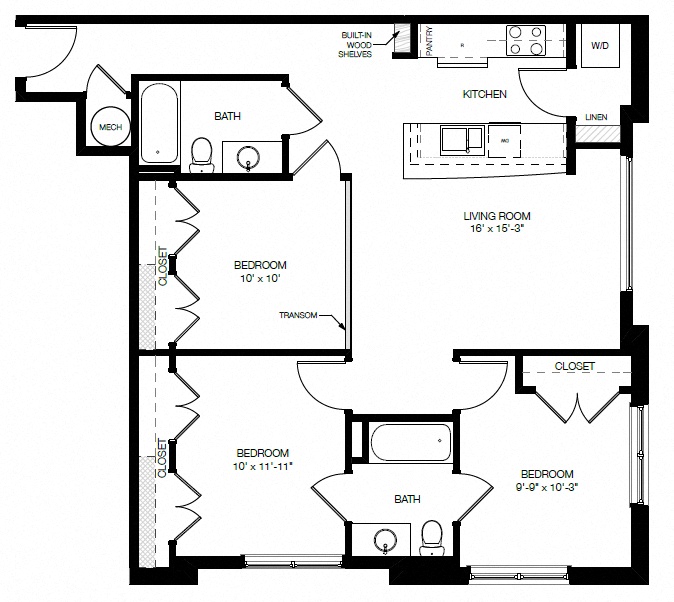 Floor plan for 3 beds, 2 baths, 1084 sqft