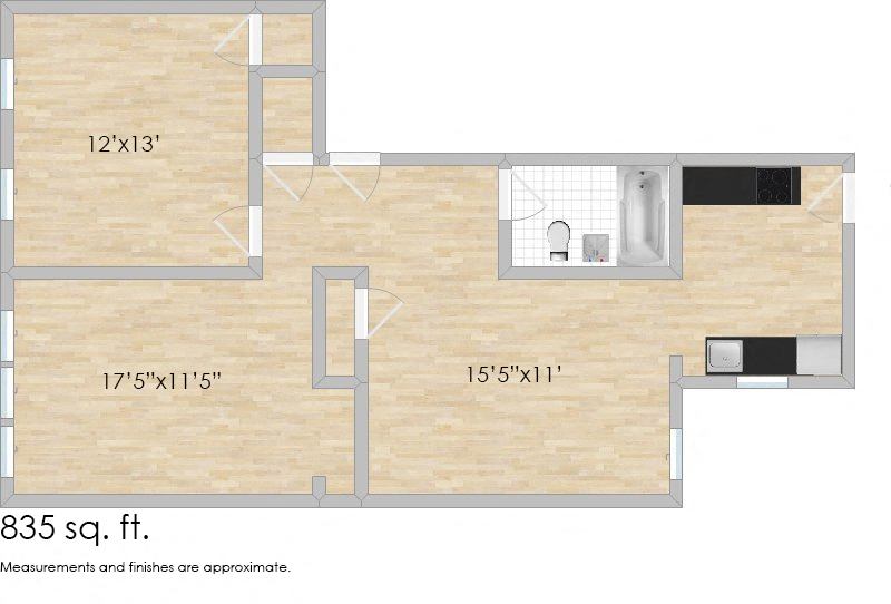 Floor plan for 1 bed, 1 bath, 665 sqft