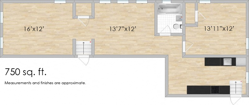 Floor plan for 1 bed, 1 bath, 665 sqft