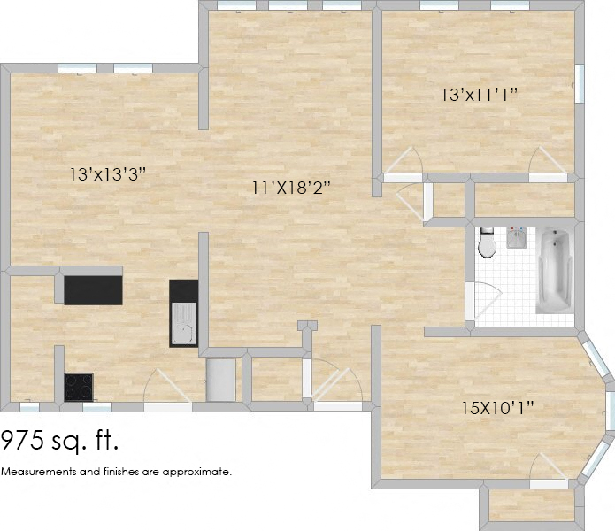 Floor plan for 2 beds, 1 bath, 975 sqft