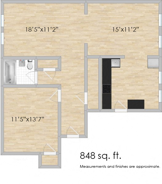 Floor plan for 1 bed, 1 bath, 665 sqft