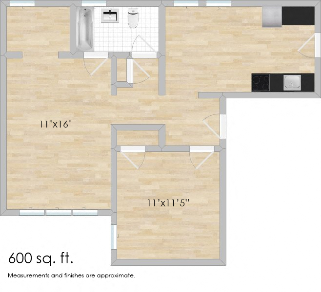 Floor plan for 1 bed, 1 bath, 665 sqft