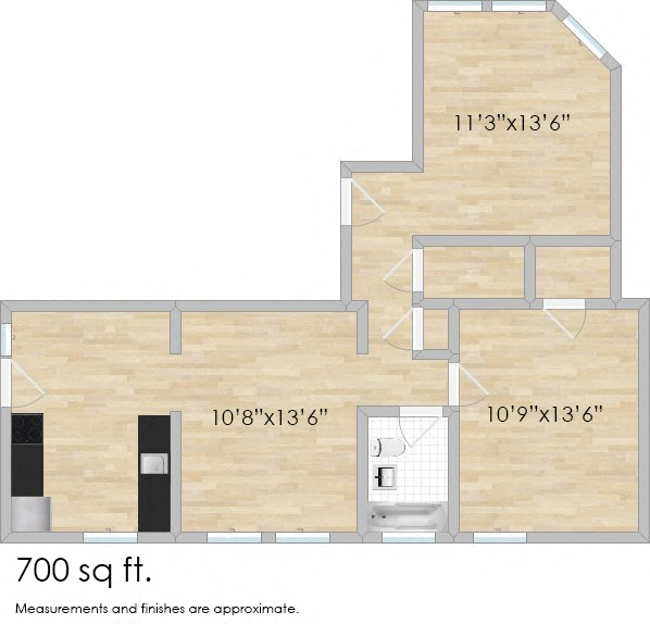 Floor plan for 1 bed, 1 bath, 665 sqft