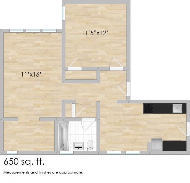 Floor plan for 1 bed, 1 bath, 665 sqft