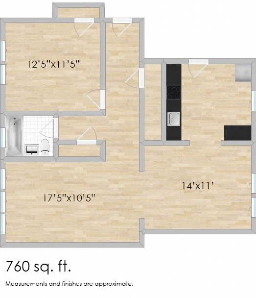 Floor plan for 1 bed, 1 bath, 665 sqft