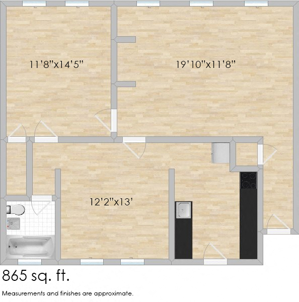 Floor plan for 1 bed, 1 bath, 665 sqft