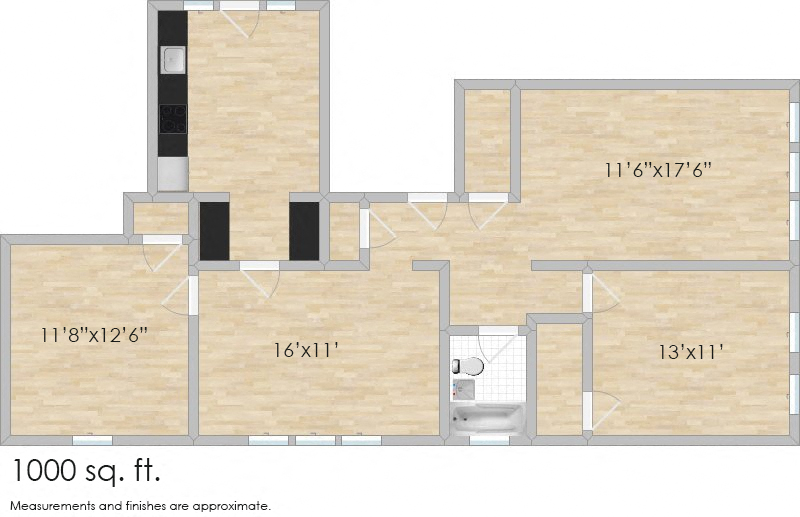 Floor plan for 2 beds, 1 bath, 807 sqft