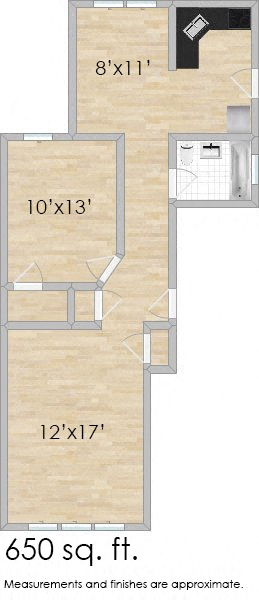 Floor plan for 1 bed, 1 bath, 665 sqft