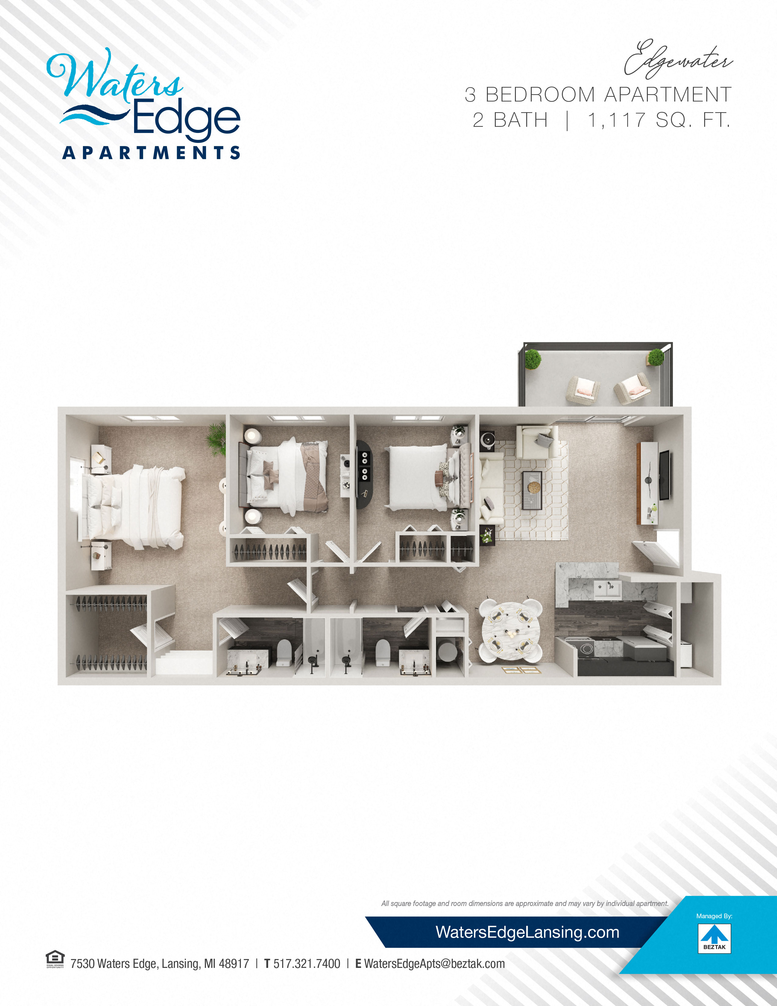 Floor plan for 3 beds, 2 baths, 1117 sqft