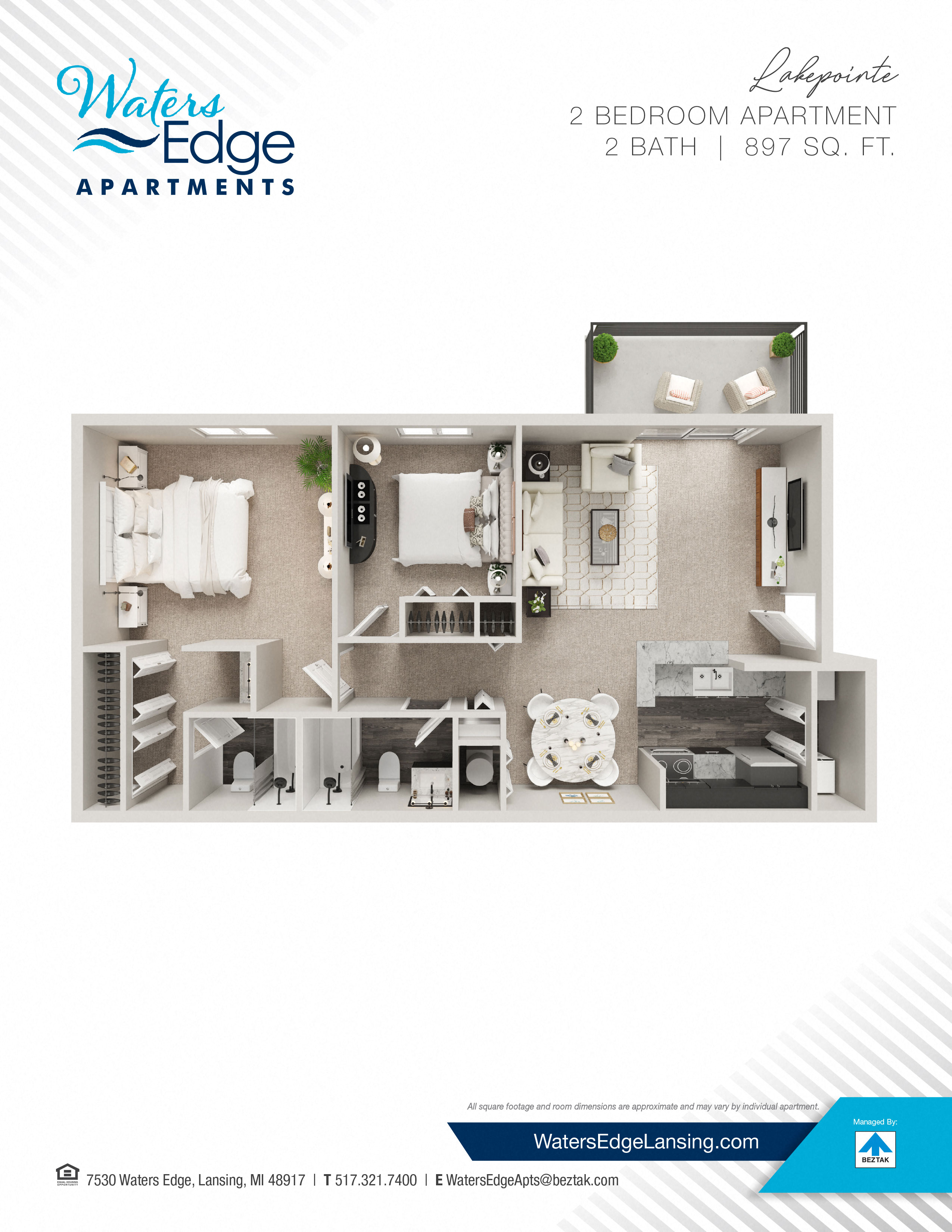 Floor plan for 2 beds, 2 baths, 897 sqft