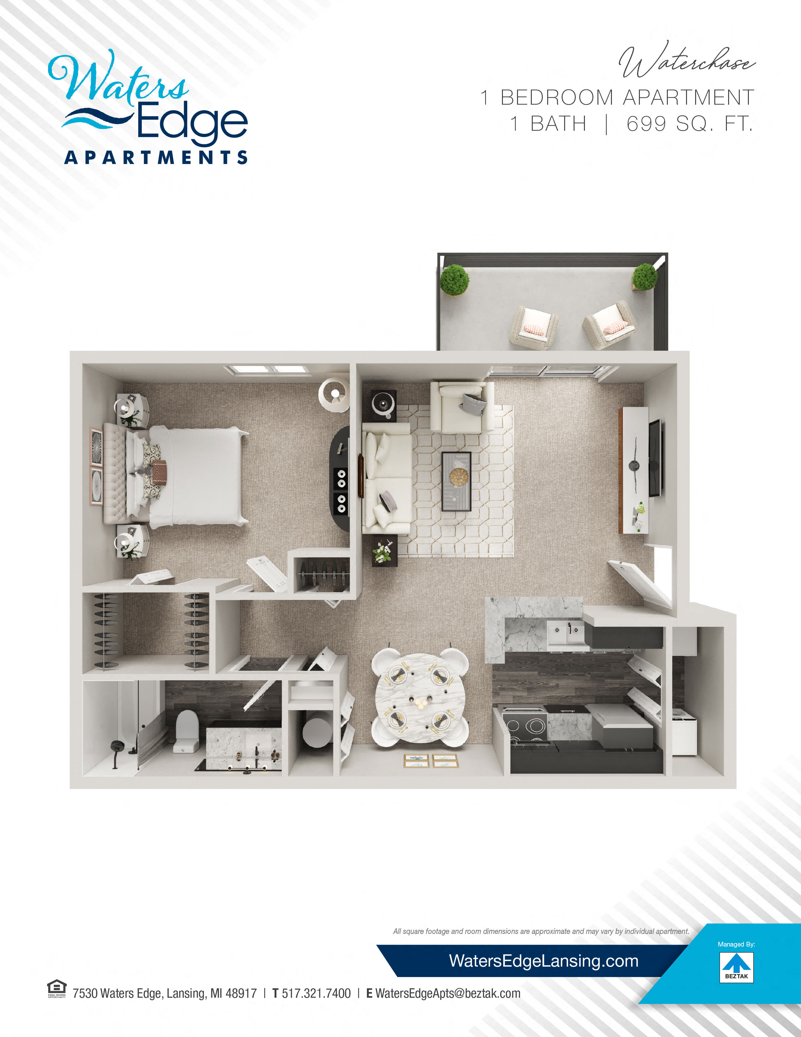 Floor plan for 1 bed, 1 bath, 699 sqft