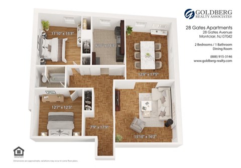 Floor plan for 2 beds, 1 bath, 1390 sqft