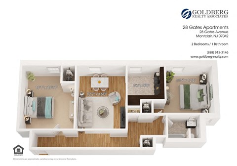 Floor plan for 2 beds, 1 bath, 1000 sqft